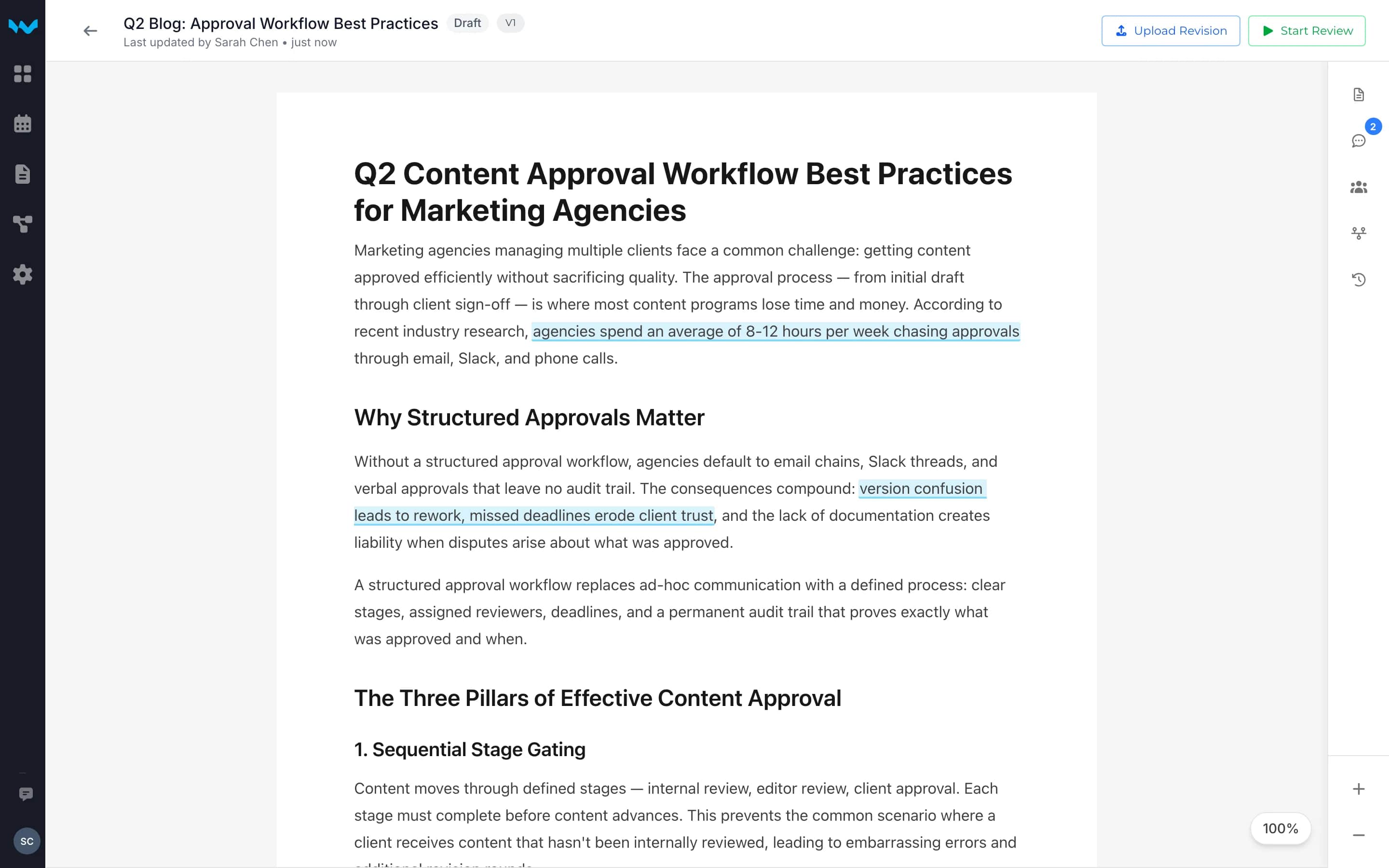 Writerflow document viewer with Upload Revision and Start Review buttons