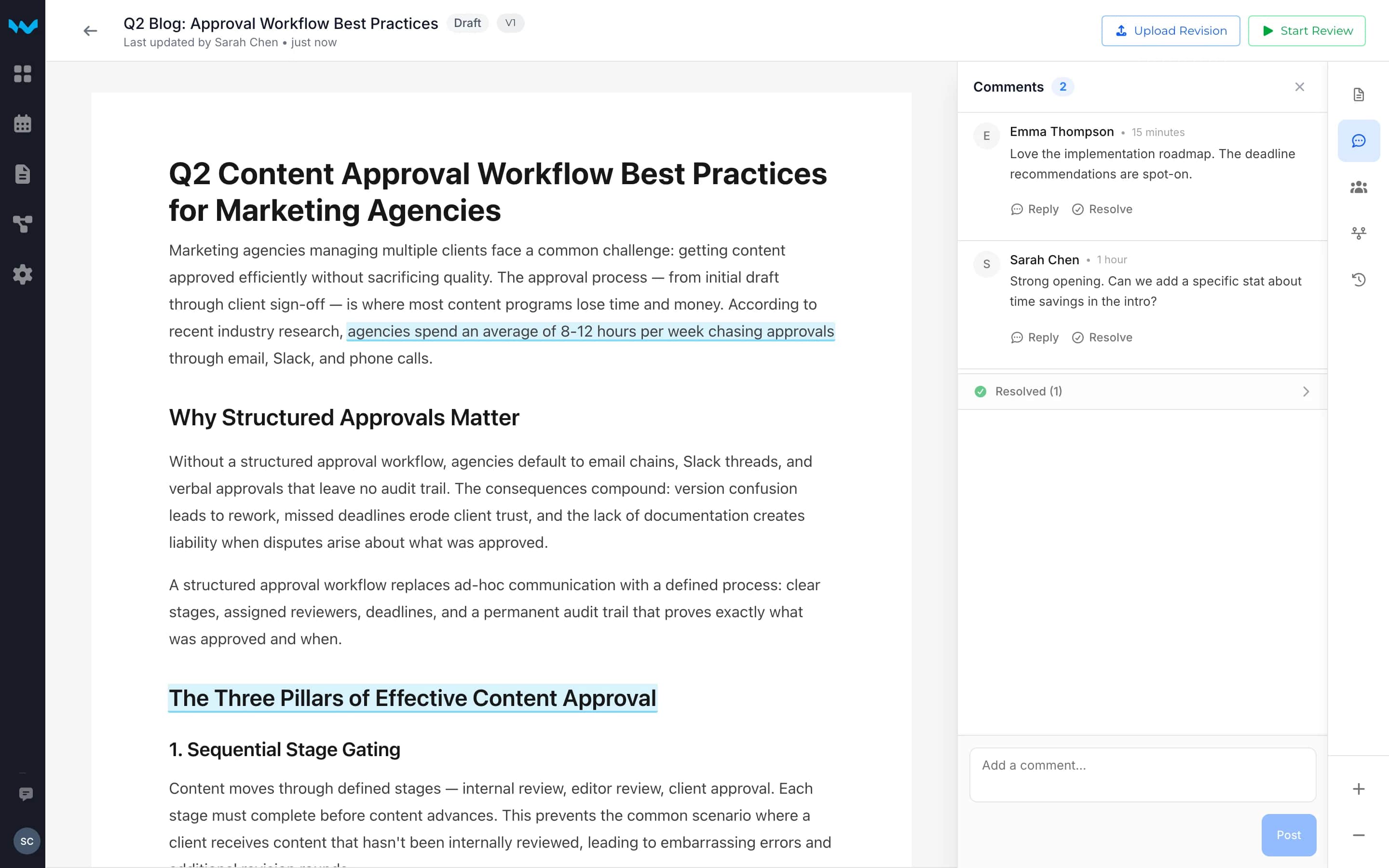 Writerflow document viewer with inline comments panel showing threaded discussions