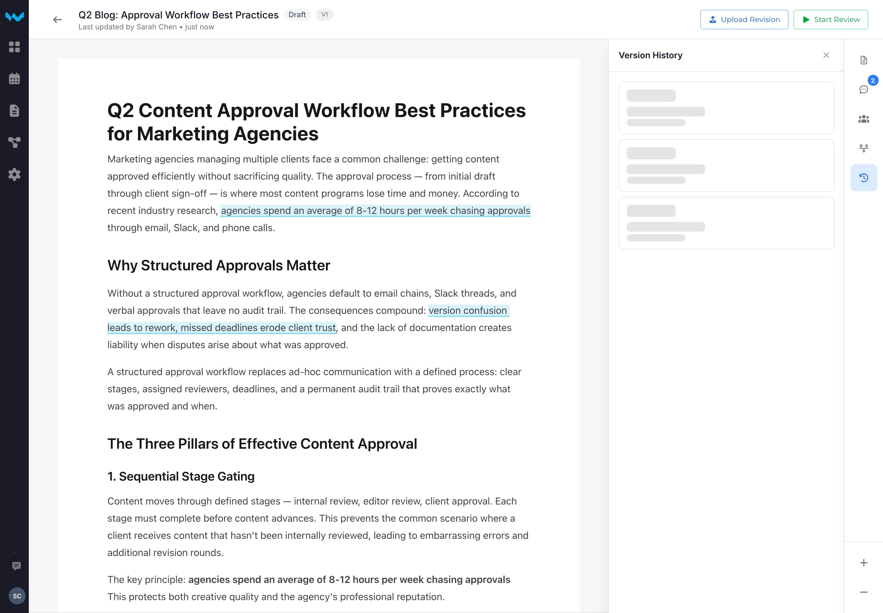Writerflow version history panel showing document revision timeline