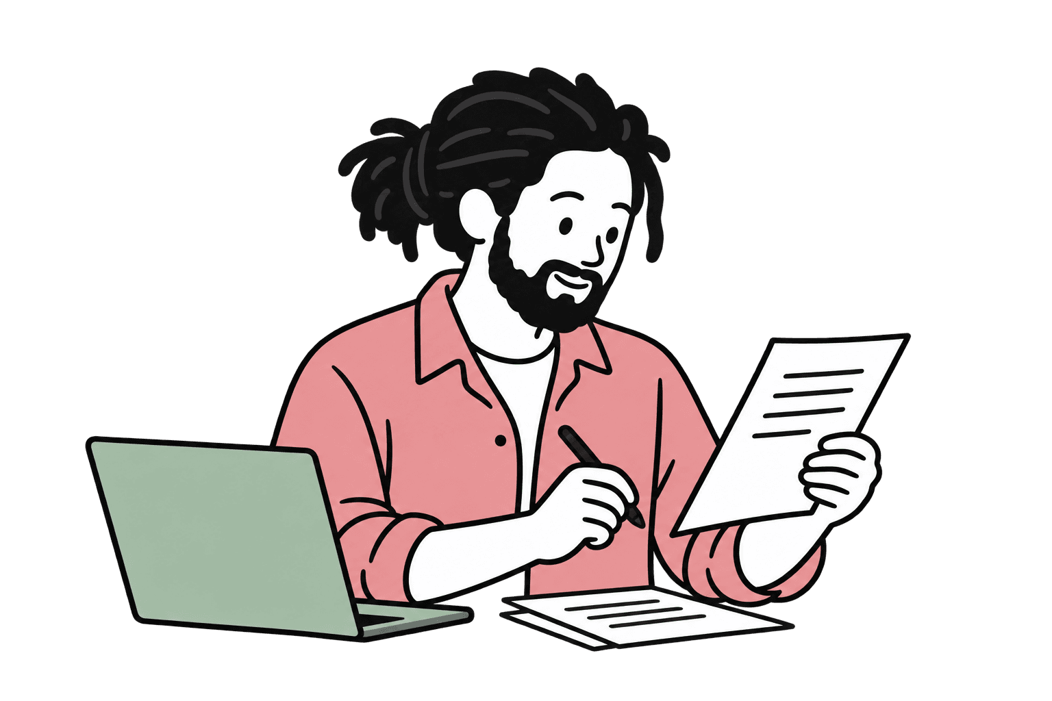 A solo writer reviewing a draft beside a laptop