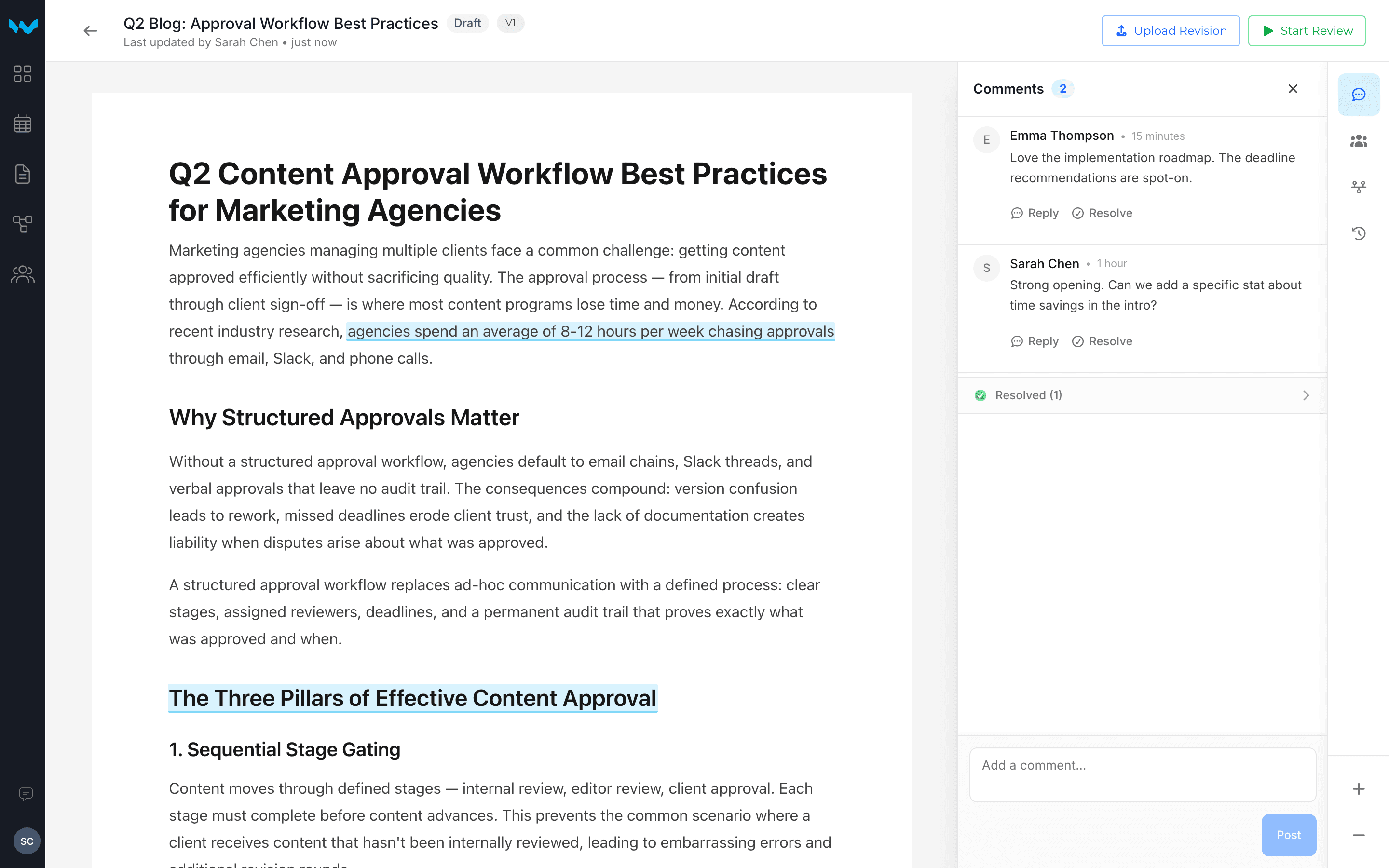 Writerflow document viewer with inline comments panel