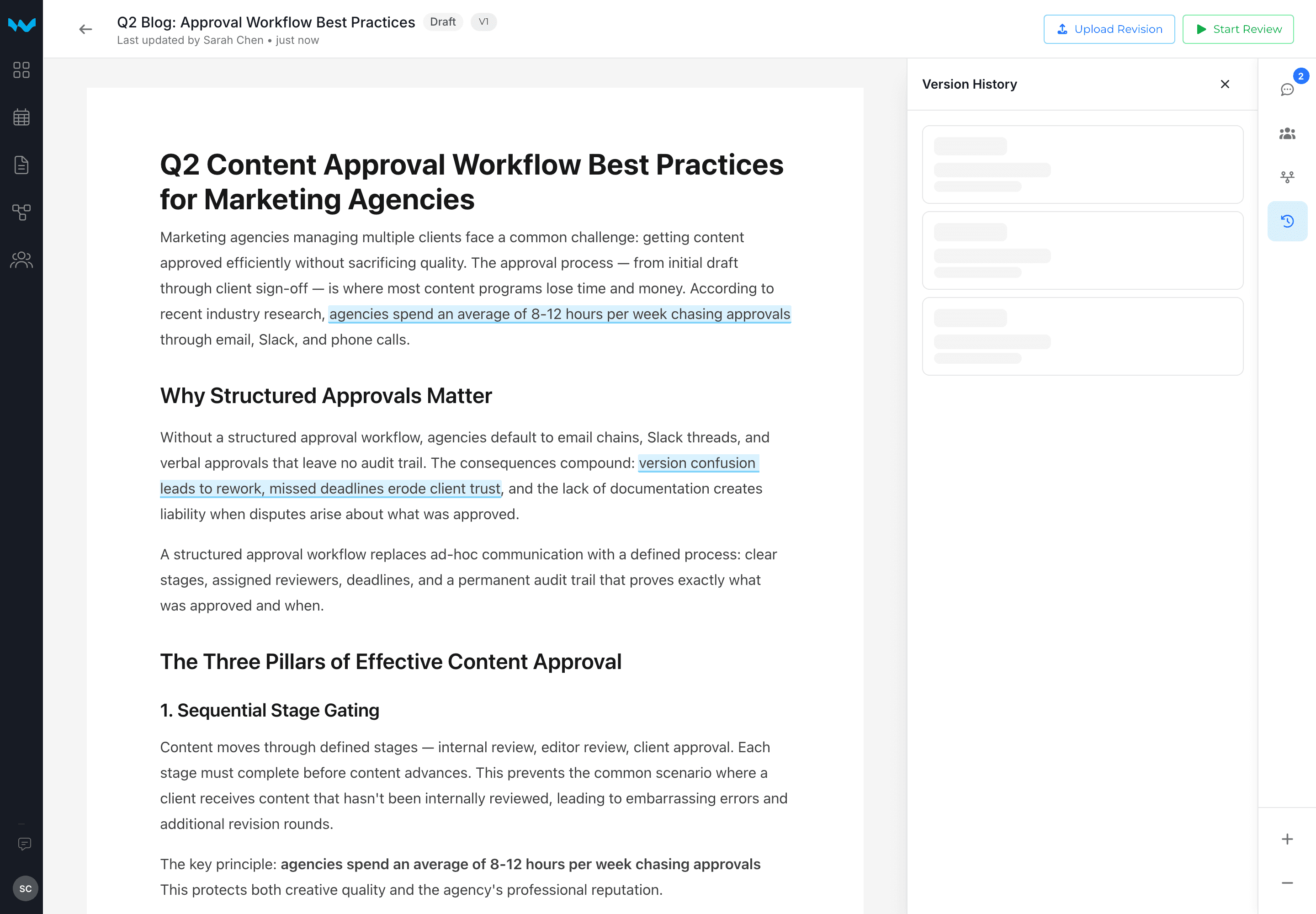 Writerflow document viewer with version history showing approved version