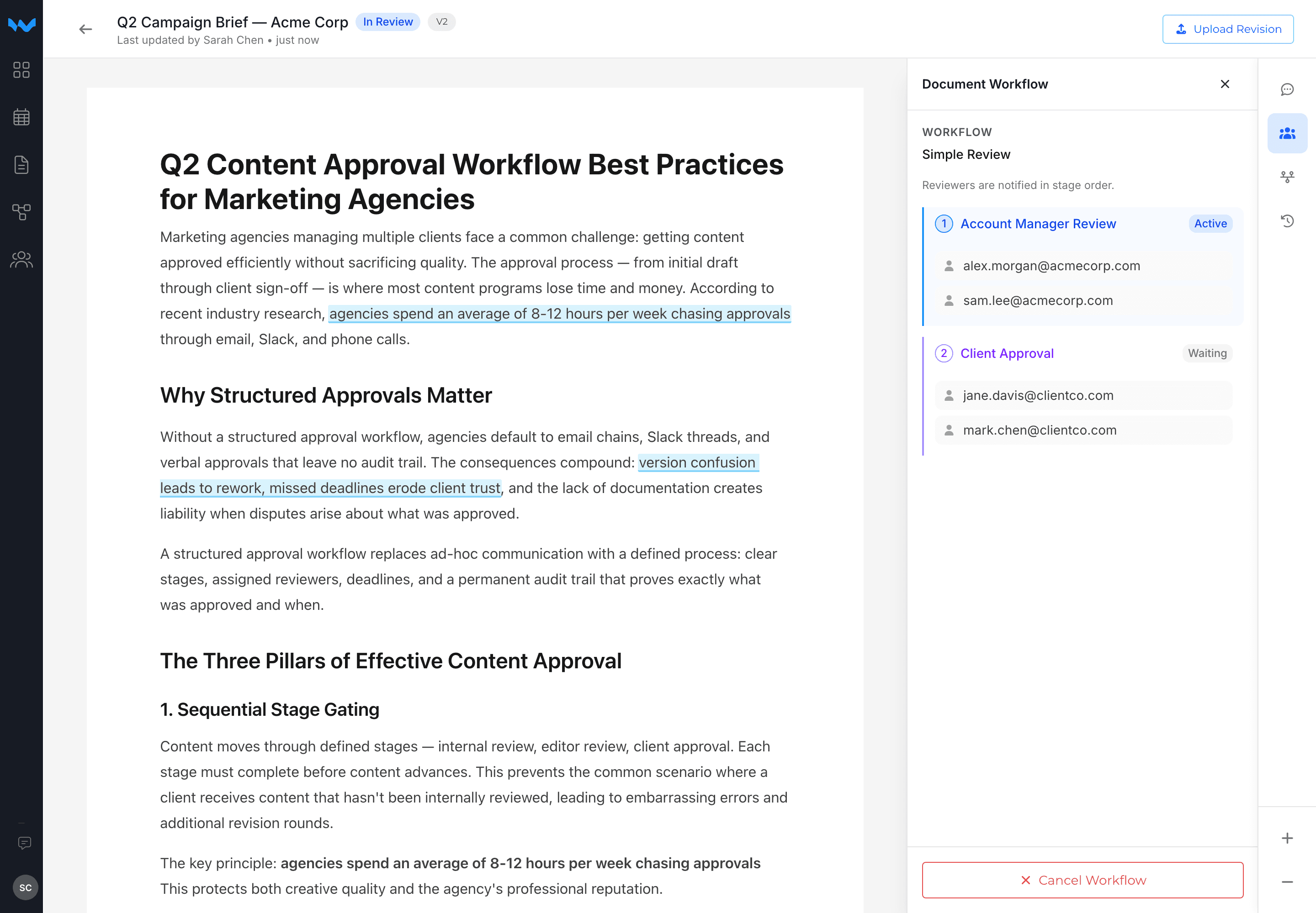 Writerflow document viewer with multi-stage approval workflow