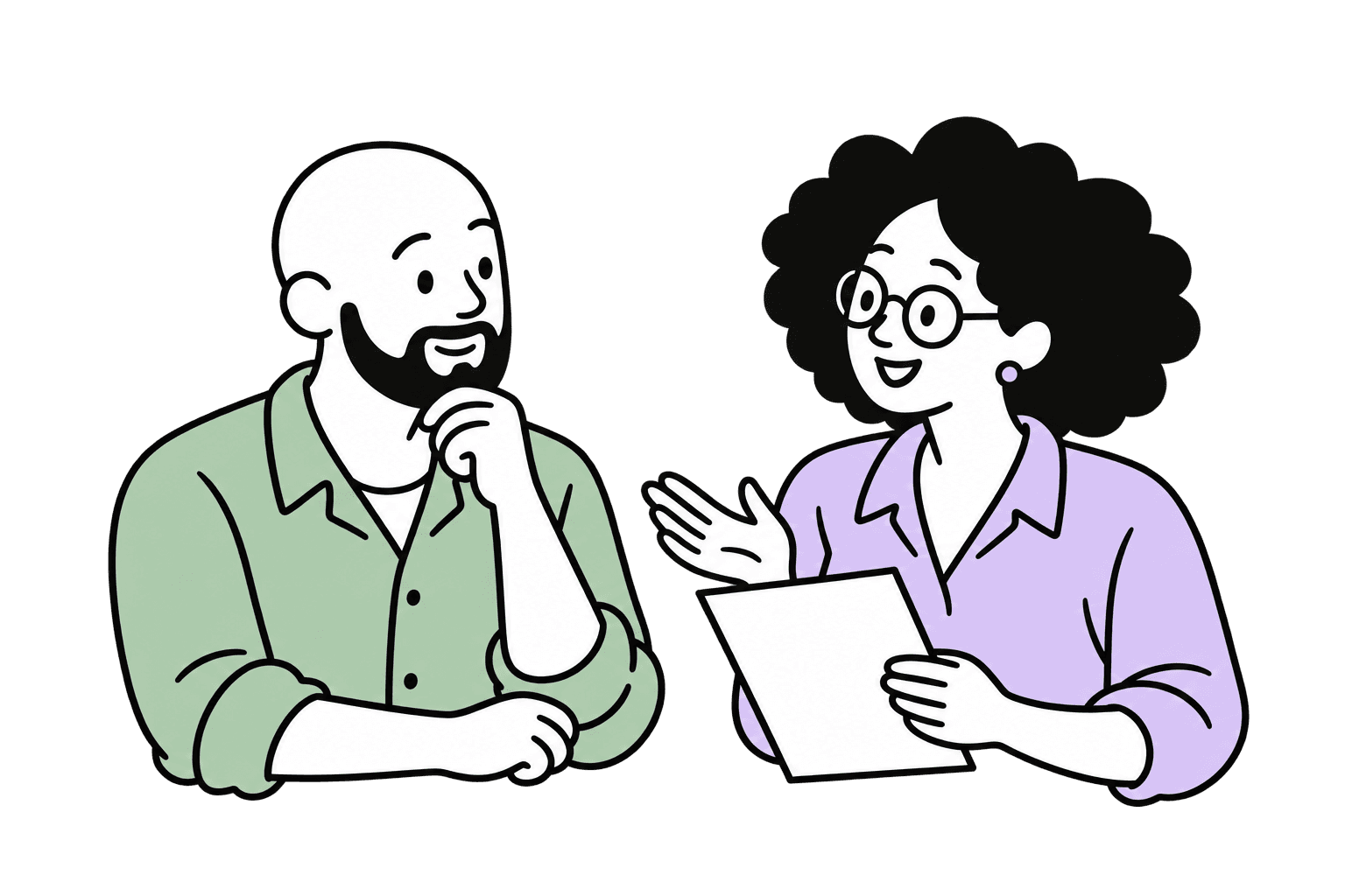 An agency leader discussing written client work with a colleague