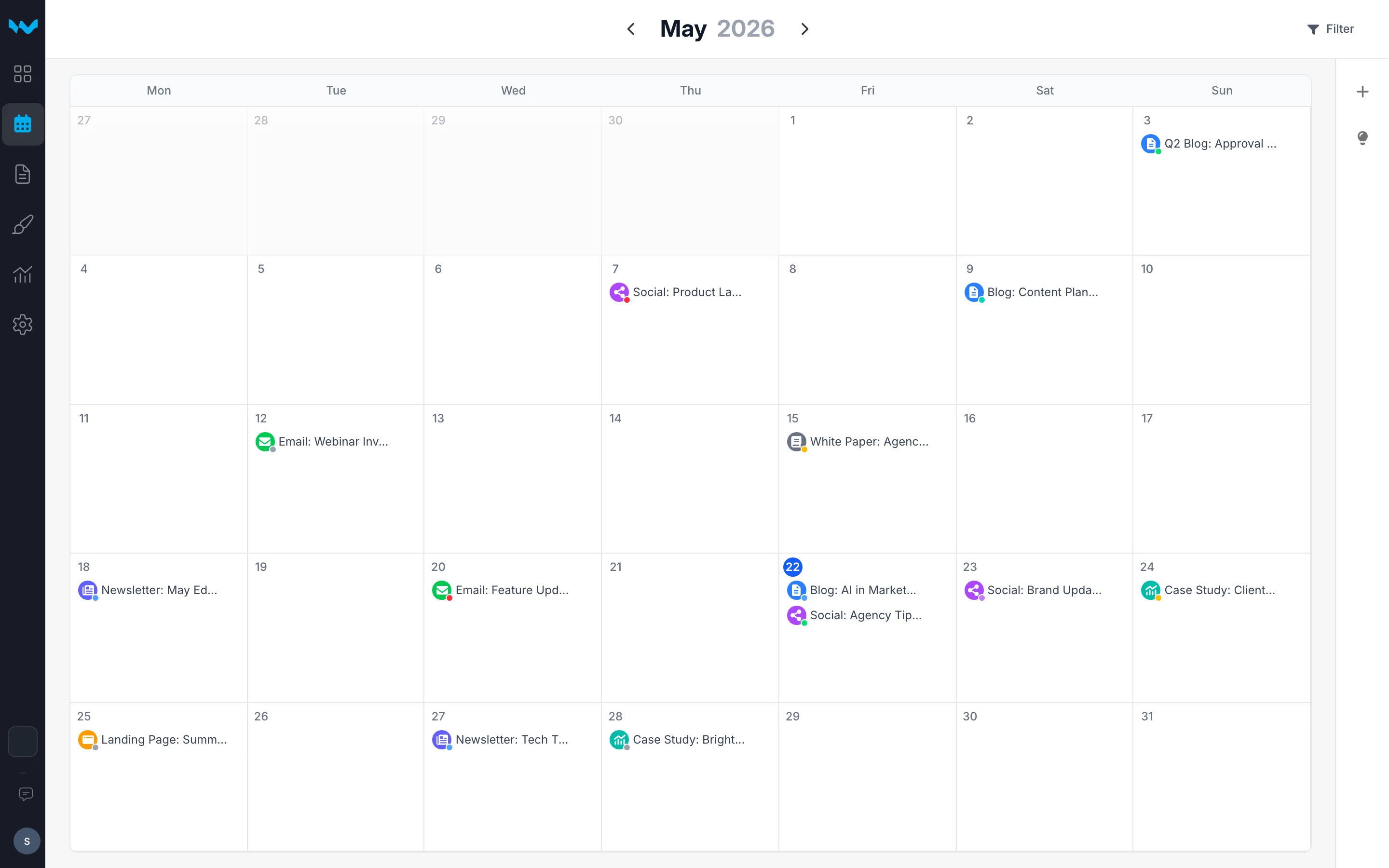 Writerflow content calendar showing scheduled content across multiple clients