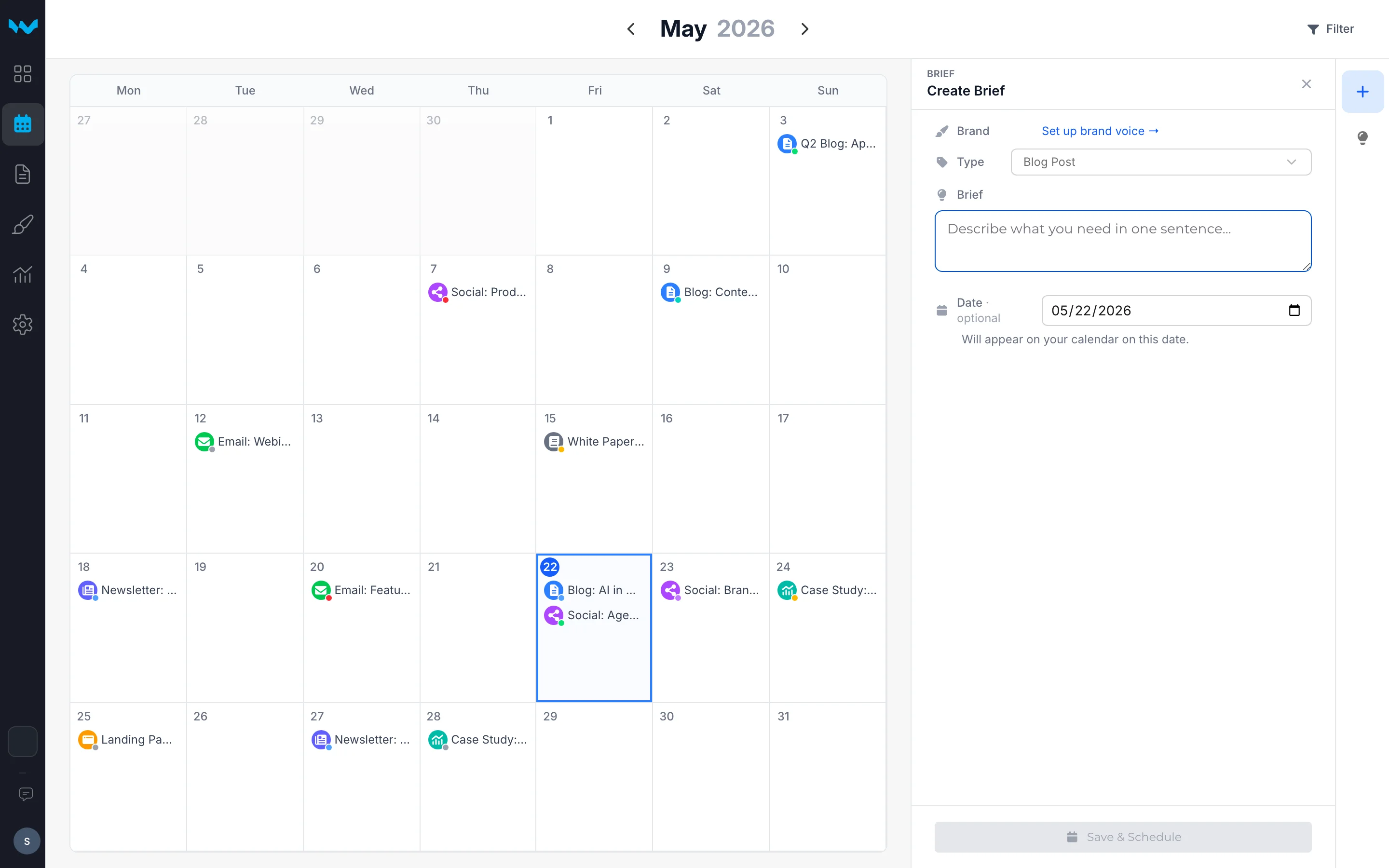 Writerflow content calendar with Create Brief sidebar showing structured fields