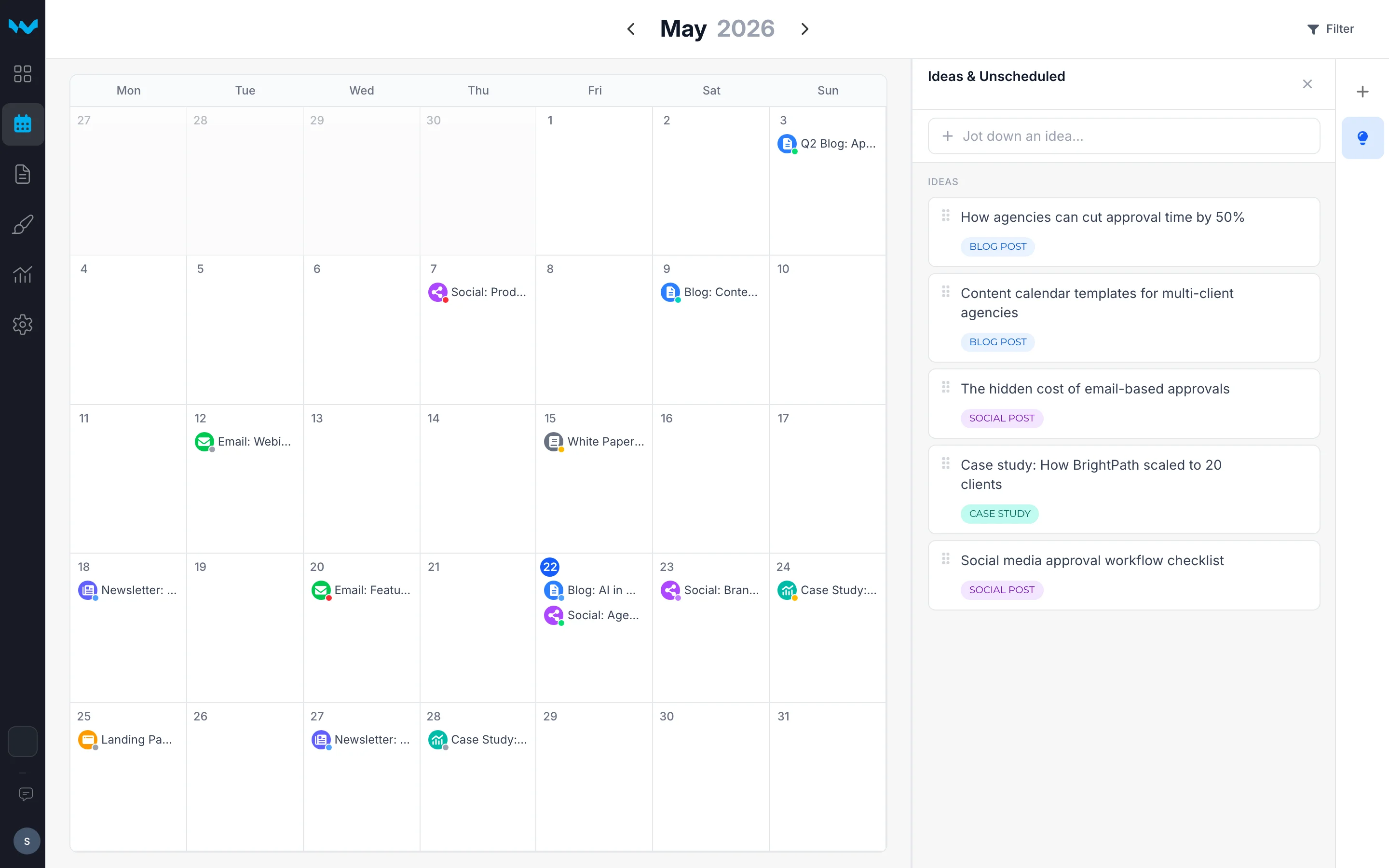 Writerflow content calendar with ideas backlog panel open