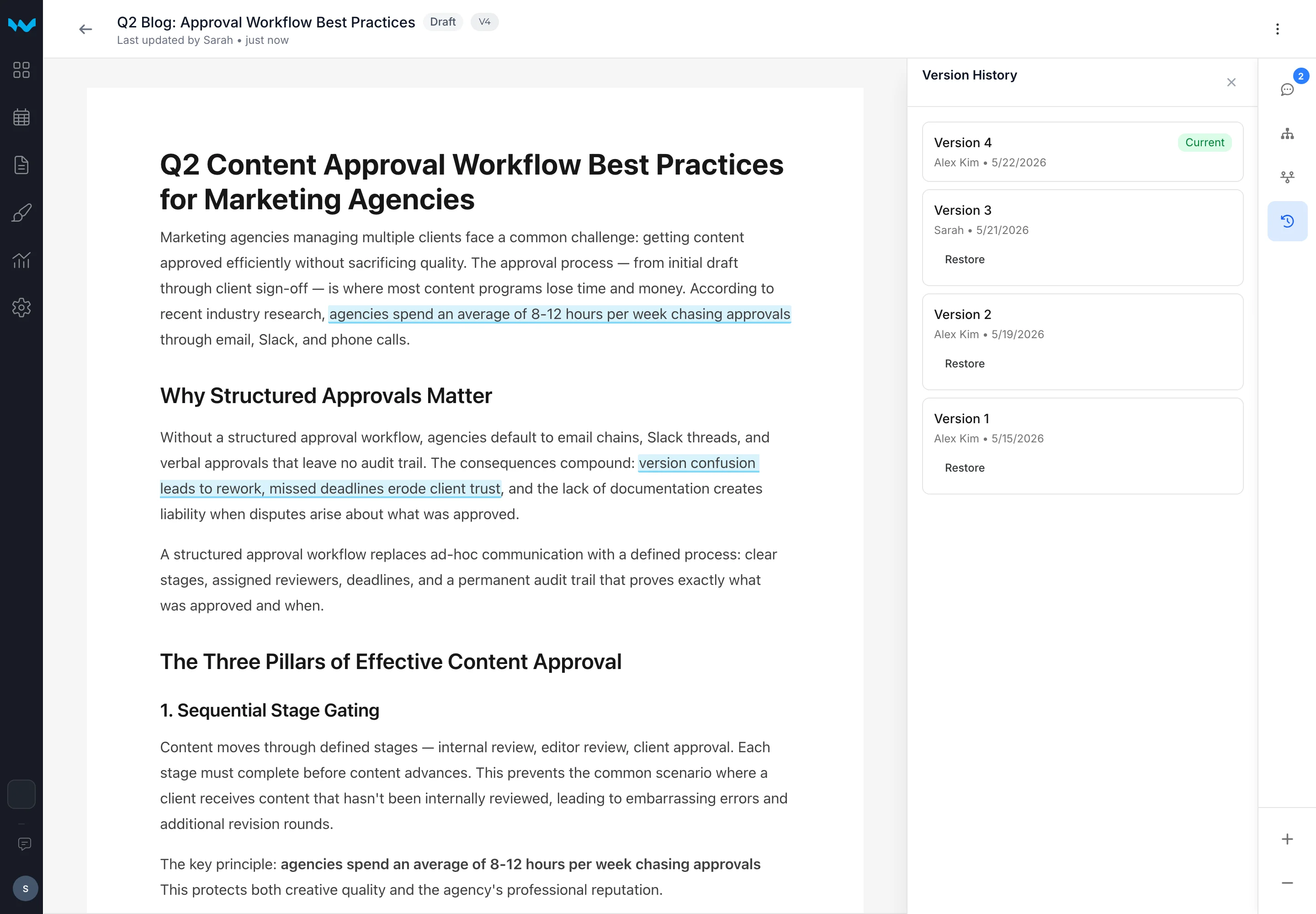 Writerflow document viewer with version history showing approved version