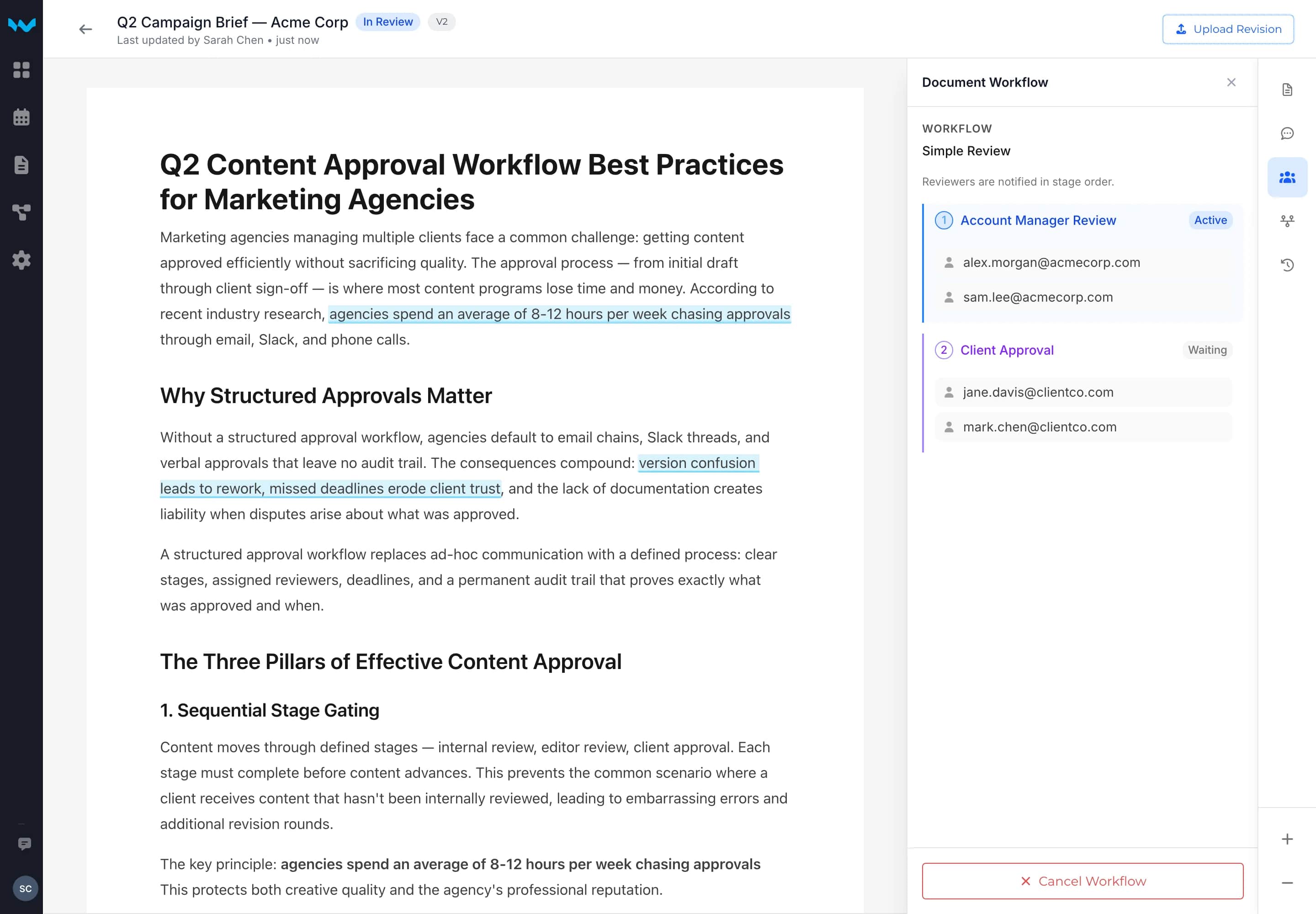 Writerflow document panel showing reviewers in sequence and the version under review