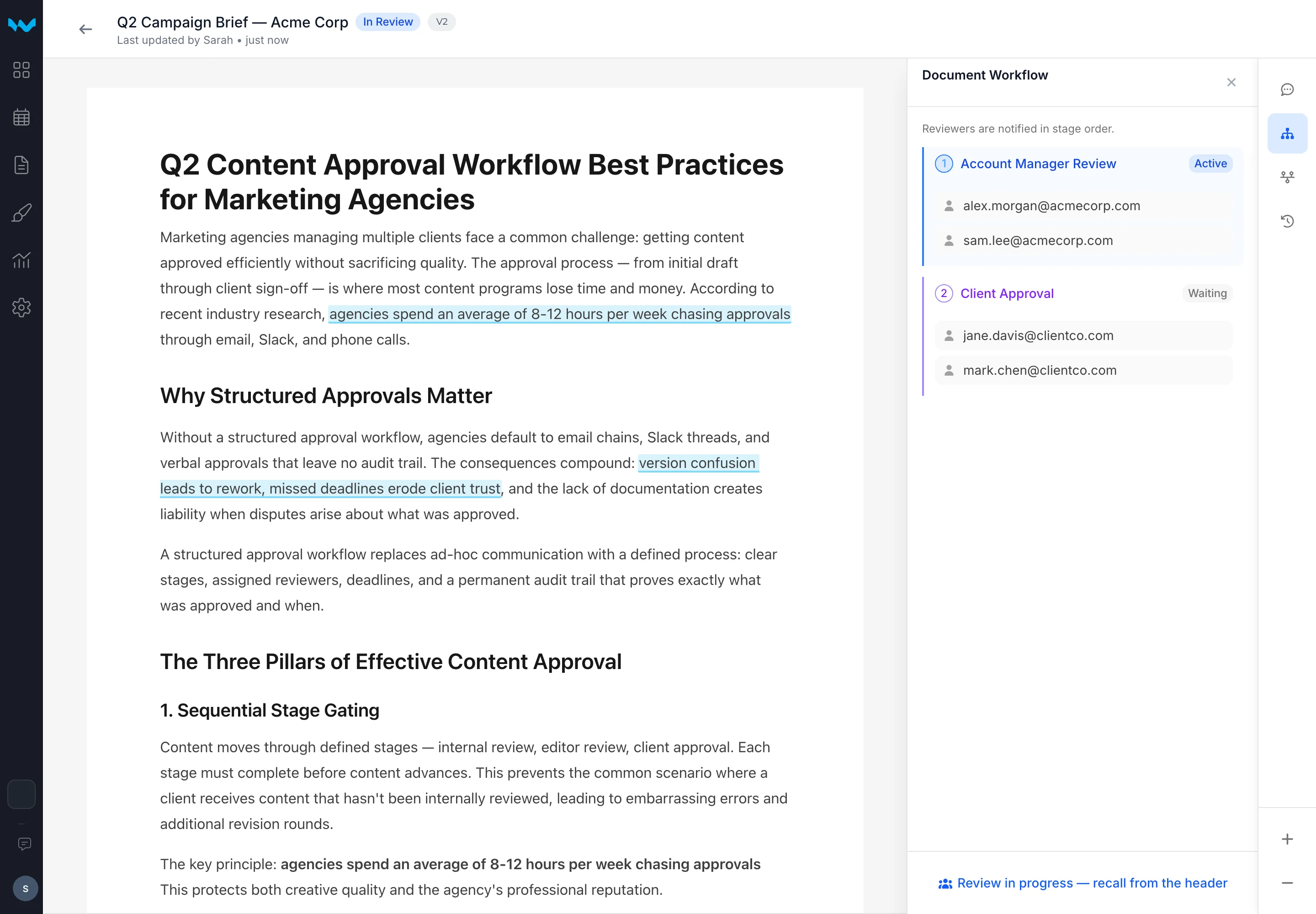 Writerflow document viewer with multi-stage approval workflow panel