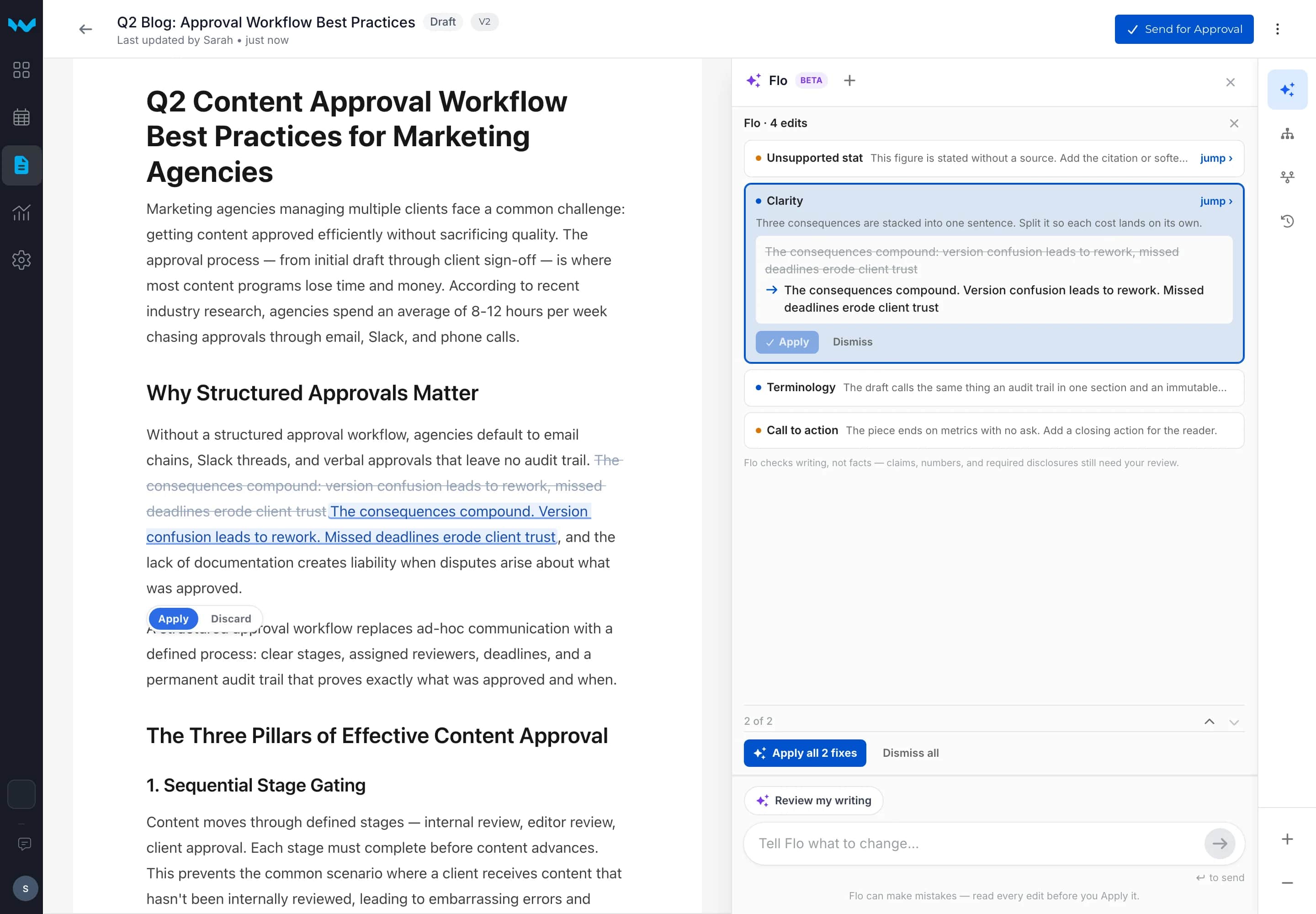 Writerflow editor with Flo open: four AI Review findings listed, the clarity finding expanded to show the original sentence struck through above Flo's proposed rewrite, with Apply and Dismiss